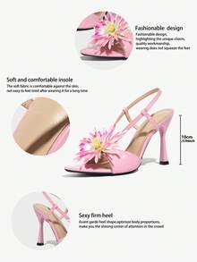 Sandalias elegantes para mujer, diseño de girasol 3D radiante, tacón de aguja de punta fina, material de textura de espejo de alta calidad y cómodo, tacones altos abiertos de moda y sexys, estilo europeo y americano, adecuados para cualquier ocasión: primavera/verano, bar, discoteca, reunión de socialité, fiesta, escenario, vacaciones, boda, iglesia, tacones altos rosas, zapatos de mujer elegantes y de moda - Rosa - Ver 7
