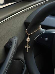 1个可调节15厘米方向盘装饰挂件，简约可爱念珠吊坠汽车配件，独特时尚汽车挂饰 - 白色橢圓盤+十字G款 - 查看 7