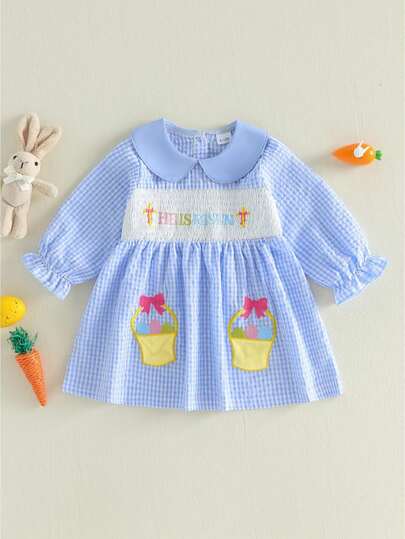 Toddler Baby Girl Easter Dress A Line Bunny Embroidered Plaid Smocked Doll Collar Long Sleeve Dress