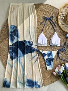 3pcs Geometric Pattern & Tropical Flower Print Casual, Cute, Elegant, Sexy Bohemian Sash Bikini Set, Women Beach Vacation Swimwear, Spring/Summer