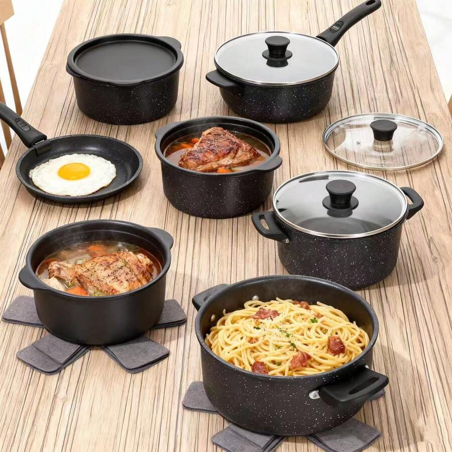15pcs Nonstick Cookware Set - Induction Compatible Granite Coated Pots & Pans Kit With Frying Pans, Kitchen Cooking Set With Stay-Cool Handles,Non Stick Cooking Set With Frying Pans Set & Saucepan, Black,Christmas Gift,Holiday Cooking,Christmas Dinner - 黑色 - 查看 1