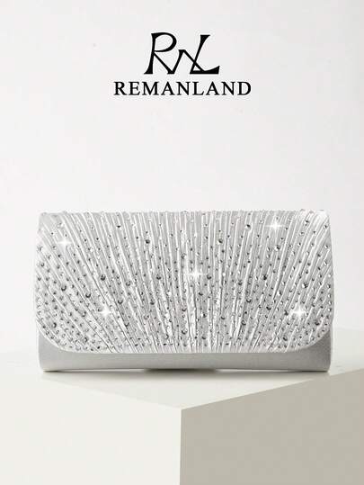 REMANLAND Sparkling Silver Clutch With Fan Texture And Rhinestone Embellishments A Luxurious Evening Accessory Featuring Eye-Catching Fan Pattern And Shimmering Rhinestones Perfect For Weddings Formal Dinners And Parties Elevating Glamorous Ensembles It Is The Best Gift For Women