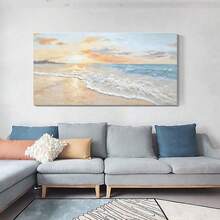 Arte de pared de lienzo con vista abstracta al mar, ola de océano azul con amanecer blanco, tema de playa dorada, decoración sin marco para sala de estar, dormitorio, baño, oficina en casa - Decoración de pared de moda - Multicolor - Ver 3