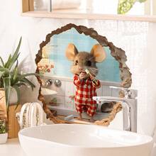 1pc Self-Adhesive Cute Toothbrushing Mouse Decorative Sticker, Funny 3D Wall Decor For Bathroom - Multicolor - View 5
