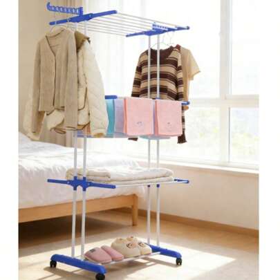 Nastavitelný vícepatrový sušák - Sušák na prádlo pro domácnost/Sušák na prádlo s kolečky/Sušák na prádlo s dvojitou tyčí/Pohyblivý 3patrový sušák na ručníky (náhodná barva)