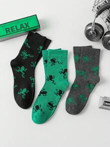 3双男女通用可爱卡通青蛙图案舒适透气休闲长袜，时尚百搭 - 彩色 - 查看 4