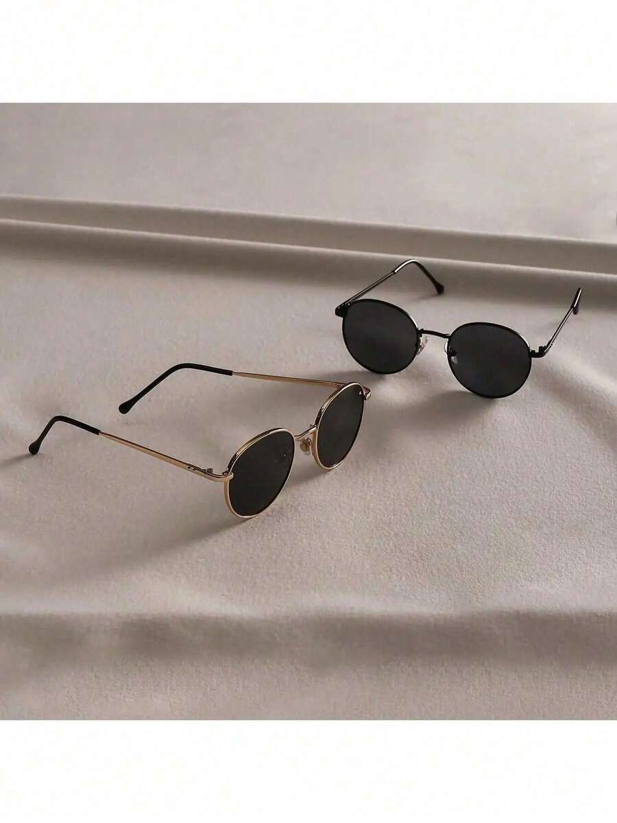 2pcs Fashion Women's Glasses Round Metal Frame European And American Style Women's Glasses L2QJ - C1 金色,黑色 - 查看 1