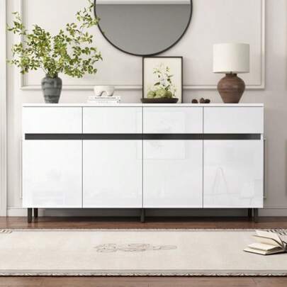 =N625P228826849W High Gloss Sideboard, Chest Of Drawers, High Gloss Sideboard, Chest Of Drawers With 4 Drawers, 2 Doors And Height-Adjustable Shelves, High Gloss Sideboard, High Gloss Low Cabinets, Corner Cabinets