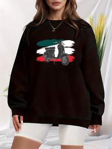 Women's Scooter Print Sweatshirt - Italian -Inspired Scooter Graphic With Italian Flag Colors (Green/White/Red) - All-Season Casual Pullover Sweater, Scooter Enthusiast Gift, Scooter Rider Apparel - 黑色 - 查看 1