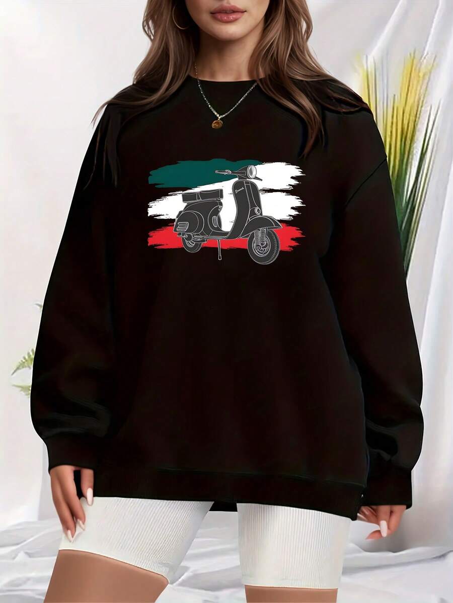 Women's Scooter Print Sweatshirt - Italian -Inspired Scooter Graphic With Italian Flag Colors (Green/White/Red) - All-Season Casual Pullover Sweater, Scooter Enthusiast Gift, Scooter Rider Apparel - 黑色 - 查看 1