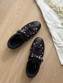 女士时尚方头优雅系带黑色波点百搭休闲平底鞋 - 黑色波點 - 查看 1