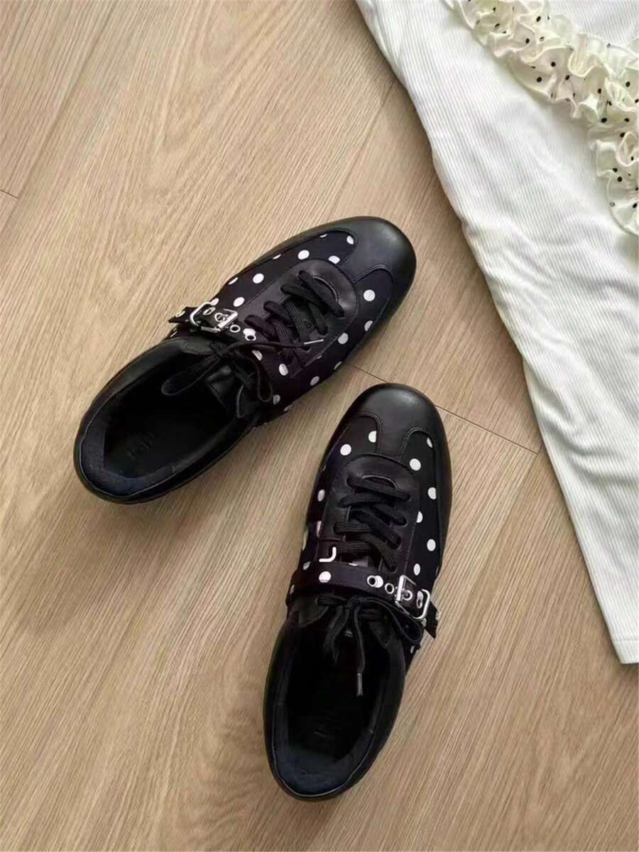 女士时尚方头优雅系带黑色波点百搭休闲平底鞋 - 黑色波點 - 查看 1