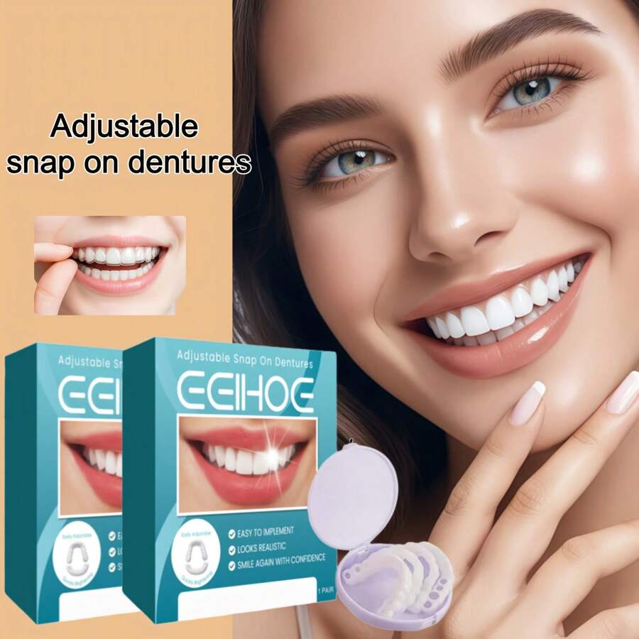 一套便携式牙齿装饰品，包括可拆卸牙贴面、临时上下假牙，适合所有缺牙的朋友，也可作为宴会/派对期间的临时牙齿配件，是送给父母/情人节的完美礼物。