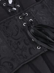 Corset Top Bustier Jacquard Bandeau Crop Top, Strapless Front Criss-Cross Lace-Up Side Color Block Mesh Shapewear Waist Cincher Overbust Corset - Black - View 6