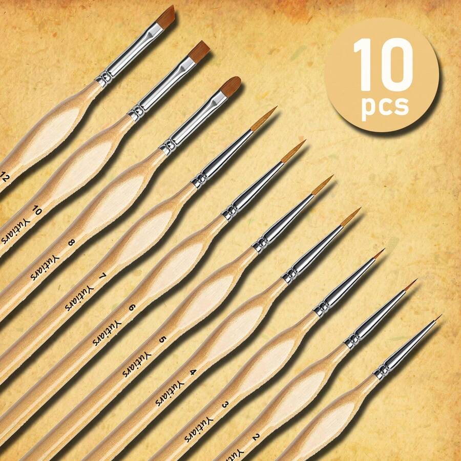 10pcs Assorted Wooden Nylon Paint Brush Set, Ideal For Artistic Creation, Fine Nylon Bristles Suitable For Acrylic, Watercolor, Oil Paint, Crafts And Model Making.