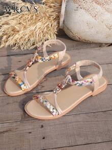 WRCVS Sandal nữ màu be, giày dệt mùa hè, giày đi biển nhẹ chống trơn trượt, họa tiết hoa cổ điển ngẫu nhiên, giày đi nghỉ mát phong cách bohemian đính hạt thủ công, giày retro ngoài trời. - Màu be - Xem 8