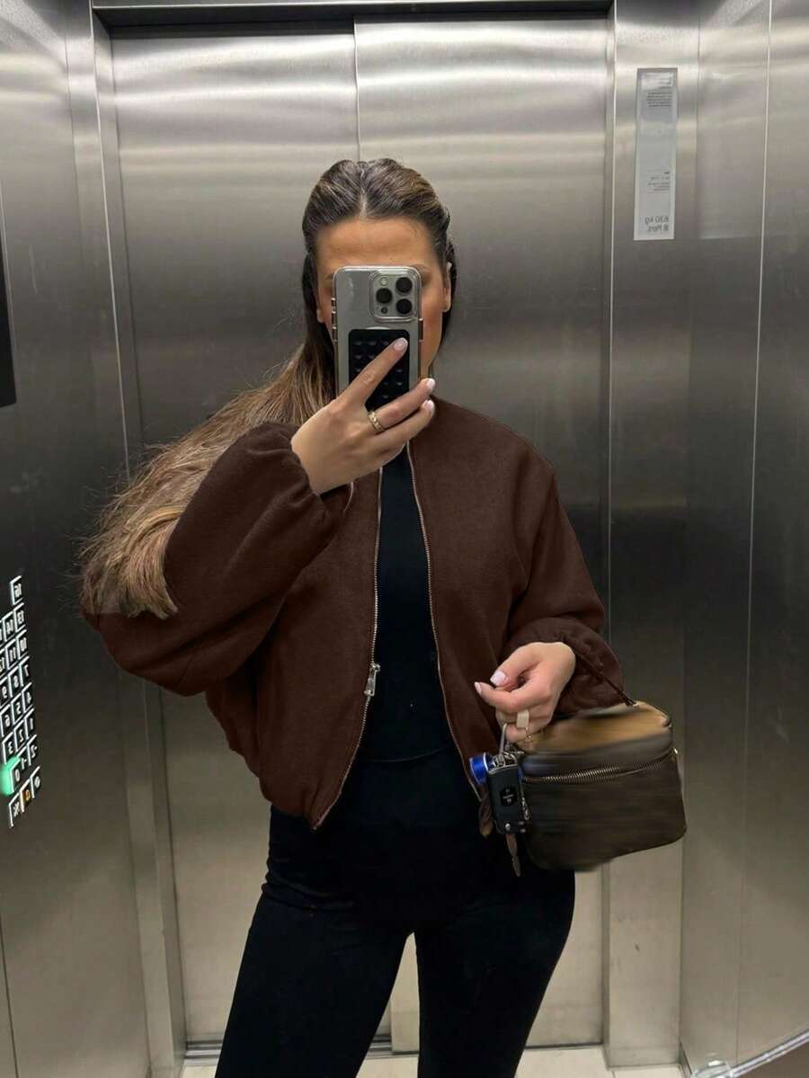 Chaqueta corta con cremallera de unicolor para mujer con bolsillos, chaqueta bomber suave de manga larga casual, diseño minimalista versátil para otoño/invierno primavera marrón - Marrón - Ver 1