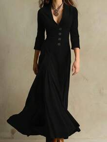 Vestido Largo de Manga 3/4 para Mujer Occidental, Cuello Solapa con Botones, Color Sólido, Cintura Ajustada - Estilo INS - Negro - Ver 1