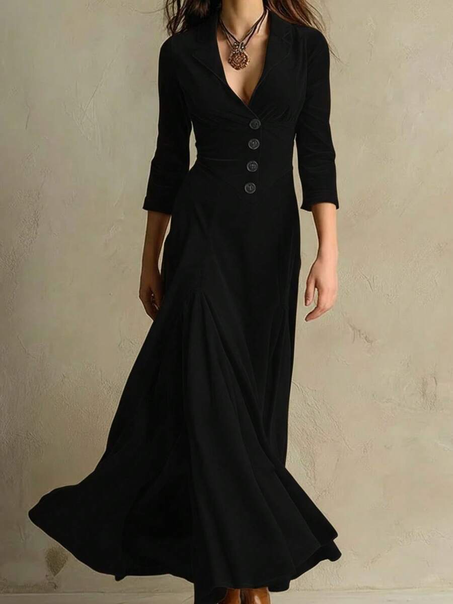 Vestido Largo de Manga 3/4 para Mujer Occidental, Cuello Solapa con Botones, Color Sólido, Cintura Ajustada - Estilo INS - Negro - Ver 1