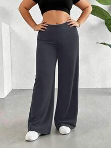 Plus Size Women's Solid Color High Waist Loose Straight Leg Pants, High Stretch Fabric Spring - Dark Grey - View 2