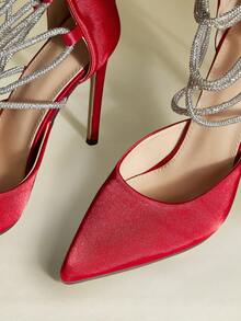 Women's Pointed Toe Stiletto Heels With Hollow Out, Zipper Back, Rhinestone Strap Design, Sexy & Fashionable Red High Heels For Party Wear - Red - View 4