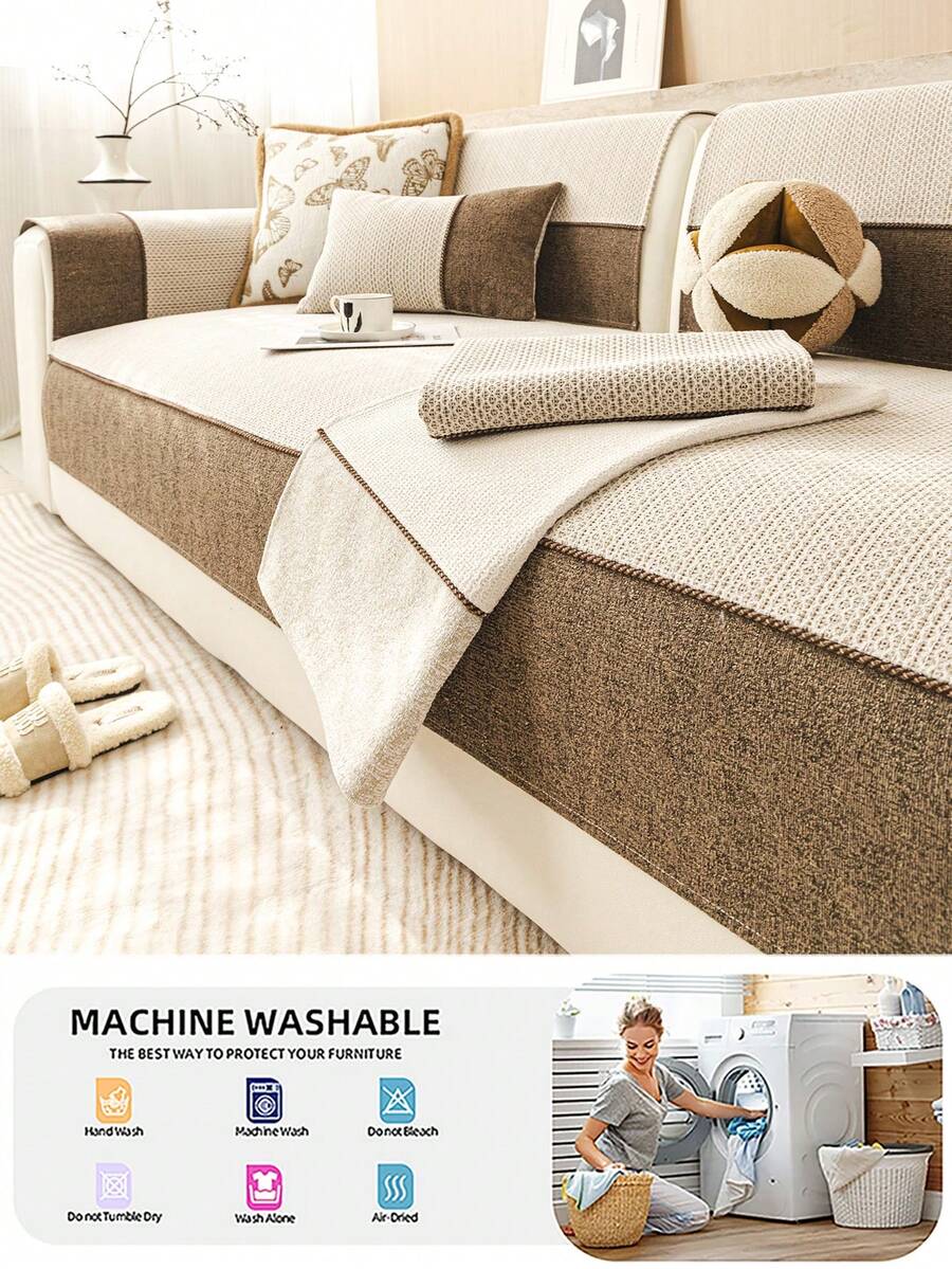 1pc Chenille Dual-Tone Minimalist Sofa Cushion, Premium Texture Non-Slip Sofa Backrest, Pet-Friendly Sofa Protector, 1/2/3/4/5-Seater And Combination Sofa, All-Season Use, Machine Washable Sofa Cover, Elegant Daily, Enhance Home Happiness - Coffee Brown - View 1