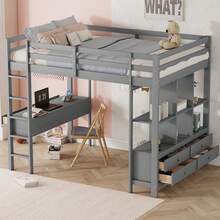 Pine Wood Loft Bed With Integrated Under-Bed Desk, Children's Bed With Bookshelf And 6 Large Drawers, Youth Bed For Teenagers' Rooms And Guest Rooms, Without Mattress - 灰色 - 查看 1