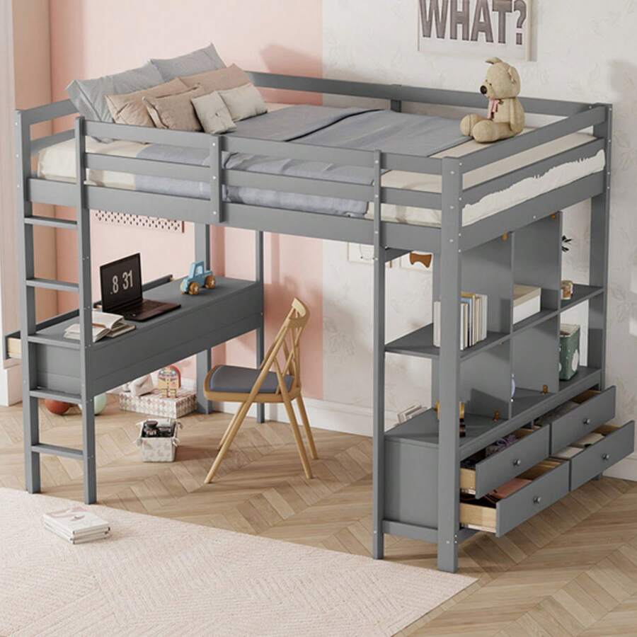 Pine Wood Loft Bed With Integrated Under-Bed Desk, Children's Bed With Bookshelf And 6 Large Drawers, Youth Bed For Teenagers' Rooms And Guest Rooms, Without Mattress - 灰色 - 查看 1