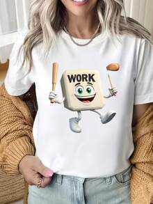 Women's Round Neck Short Sleeve T-ShirtWork Cube Cartoon Character T-Shirt Black Funny Graphic Tee For Women Casual WearFun Prints Are Suitable For Christmas Partysports Activitiesholiday Partiesoutingssports And Other Holiday Gifts (220g). - trắng - Xem 5