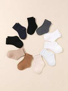 10 Pairs Baby Solid Color Khaki And Gray Mid-Calf Elastic Socks, Soft And Comfortable, Suitable For All Seasons - Multicolor - View 2