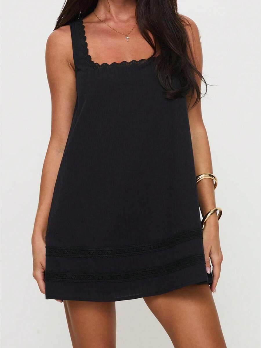 Women Loose Mini Dress Casual Summer Lace Patchwork Square Neck Sleeveless Party Dress For Beach Club Streetwear - màu đen - Xem 1