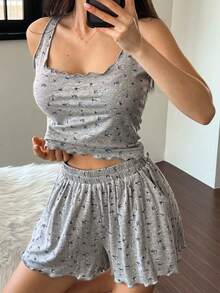 Ensemble de pyjama sans manches à fleurs ditsy avec poches, tenue d'intérieur décontractée et douce pour le printemps, l'été et l'automne - Gris - Voir 3