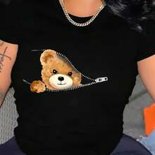 Camiseta con estampado gráfico de oso, manga corta, cuello redondo, top casual para verano, ropa de mujer, camiseta kawaii femenina, camisetas Harajuku - Negro - Ver 11