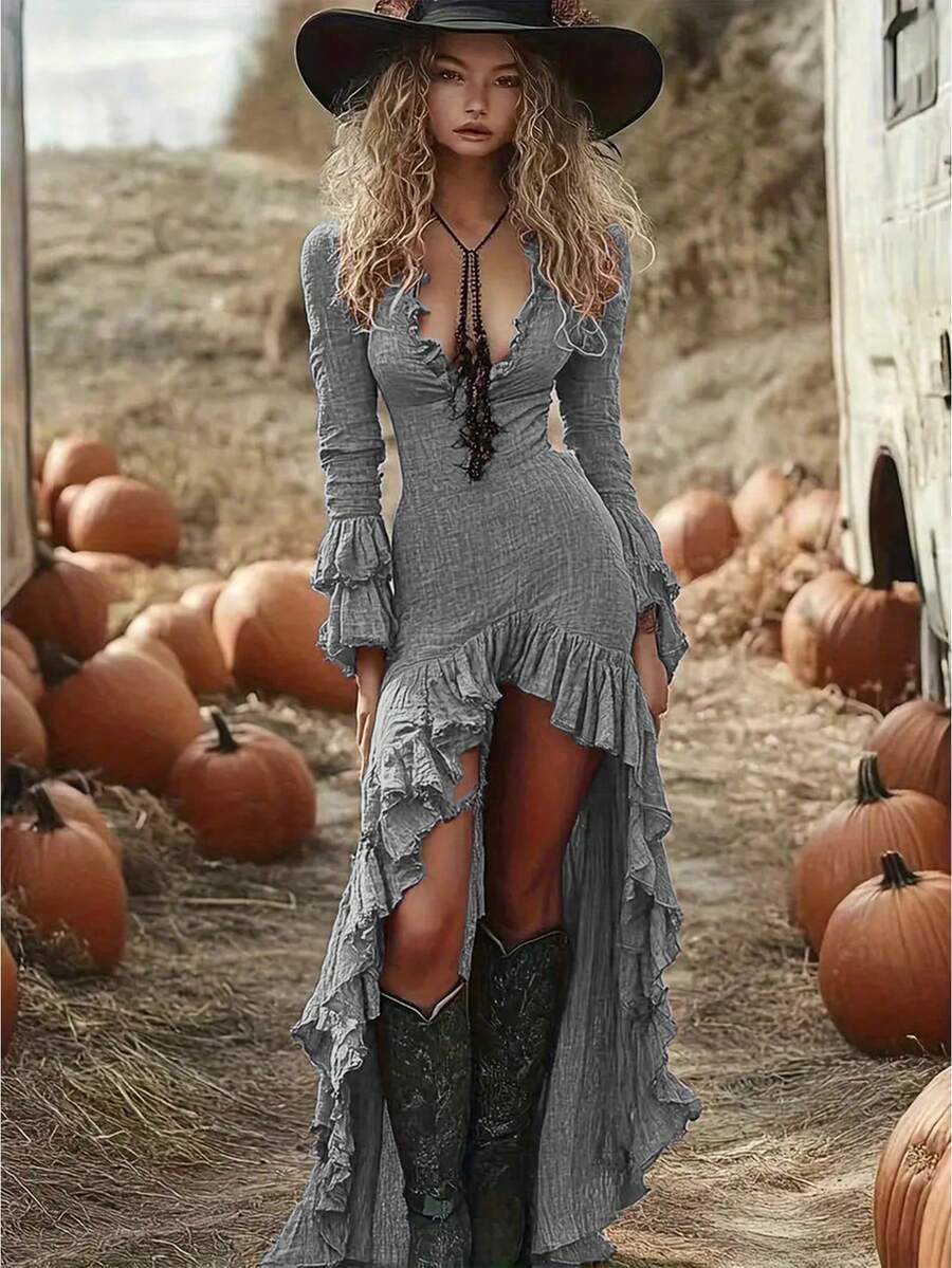 Women's Vintage Blue Ruffle Hem Dress - Long Sleeves V-Neck, Asymmetrical Detailing, Casual To Dressy, Bohemian Style, Bohemian Dress | Vintage Style Dress, Women's Evening Maxi Dress For Party, Dance, Concert, Holiday, Fashionable And Elegant Western Style - 灰色 - 查看 1