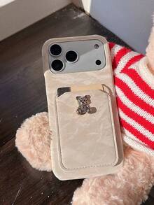 1pc Cartoon Bear Card Holder Phone Case Compatible With Apple 11/12/13/14/15/16/17 Pro Max - Brown - View 2