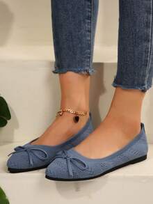 Summer Knitted Pointed Toe Flat Shoes For Women, Blue Bow Tie Breathable Slip-On Casual Loafers - Blue - View 4