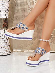 Damen Mode Keilsandalen, Perlen- & Strass-Dekor, Blumenmuster Zehentrenner, Lässig & vielseitig, geeignet für Frühling/Sommer Outdoor und Pendler-Outfits - Blau - Übersicht 7