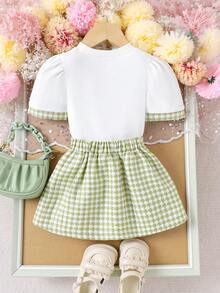 2pcs Baby Girls Cute White Ribbed Short Sleeve T-Shirt + Plaid Skirt Set, Lightweight Summer