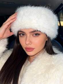 1件秋冬季女士毛绒帽子发箍发饰，纯色加厚人造毛皮内衬保暖帽，带环，优雅日常佩戴配饰，可搭配外套 - 彩色 - 查看 5