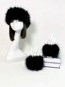 1pc Faux Fur Headband + 2pcs Faux Fur Sleeve Cuffs - Black - View 1