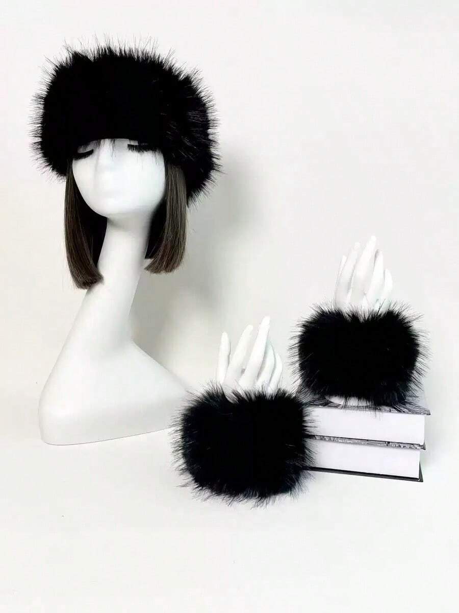 1pc Faux Fur Headband + 2pcs Faux Fur Sleeve Cuffs - Black - View 1