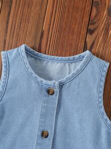 2 Stück Neugeborene Baby Mädchen Lässiger süßer Stil Rundhals Einreiher Jeans Weste Top kombiniert mit 3D Schleife Design Destroyed Jeans Shorts Set, Frühling/Sommer - Helle Waschung - Übersicht 4