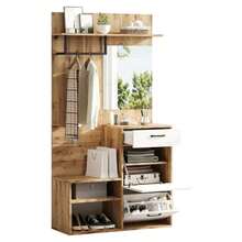 100*38.5*190cm Wardrobe Set With Mirror, Shoe Bench, Shoe Cabinet, Hallway Cabinet, Wall-Mounted Shelf Unit, Compact Wardrobe, With 1 Drawer And 2 Cabinets, Ample Storage Space, White + Original Wood Color
