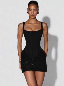 Vestido Street Fashion Sin Mangas Cintura Ajustada Ajustado para Mujer - Negro - Ver 2