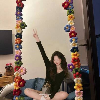 Rèm hoa móc len cầu vồng Dopamine, rèm hoa dệt tay bằng sợi len màu, rèm trang trí vách ngăn phòng ngủ, phong cách Ins, trang trí phòng không cần khoan, bộ vật liệu/sản phẩm hoàn chỉnh tự làm, rèm hoa bốn lá nhiều màu sắc.