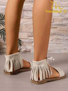 New Women Flat Sandals, Fashionable Minimalist Design With Tassel, Comfortable, Black Flat Slide Sandals, Beige Women Sandals, Flat Sandals - Beige - View 6