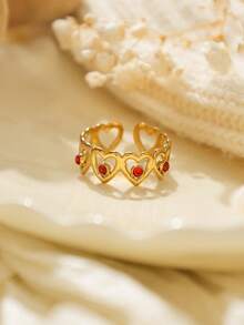 1PC Cute And Fashionable Pearl Pink And Red Zirconia Heart-Shaped Stainless Steel Open Adjustable Gold Ring, Perfect For Girls' Daily Wear, Parties, And As A Delicate Jewelry Gift.