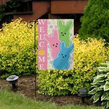 Osterfeier Gartenflagge - 12x18 Zoll, Frühlings- & Sommer-Outdoor-Willkommensdekoration mit Blumen, Hasen und Eiern Design, Polyester, ohne Strombedarf - Verschiedenfarbig - Übersicht 3