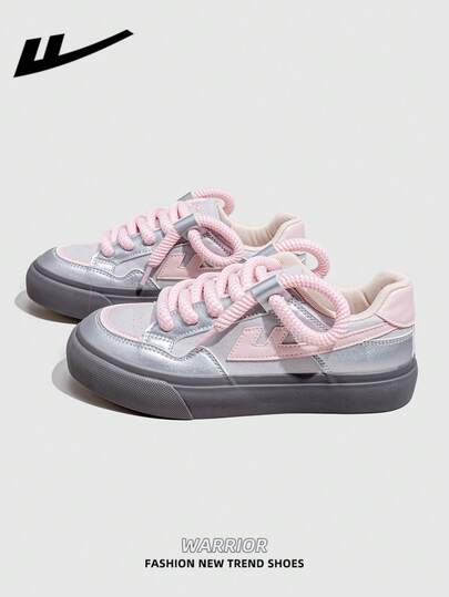  1双 WARRIOR 女士厚底系带软底休闲鞋，夏季低帮户外平底鞋，圆头低跟防滑纯色优雅软底徒步鞋，适合学生毕业照，女士低帮皮质运动鞋