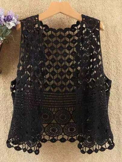 Chaleco de cárdigan negro de encaje calado hecho a mano de estilo vintage para mujer, ideal para vacaciones de verano